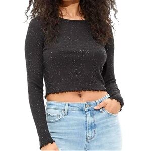 New American Eagle Black White Speckle Long Sleeve Ribbed Crop Top Women's Sz S